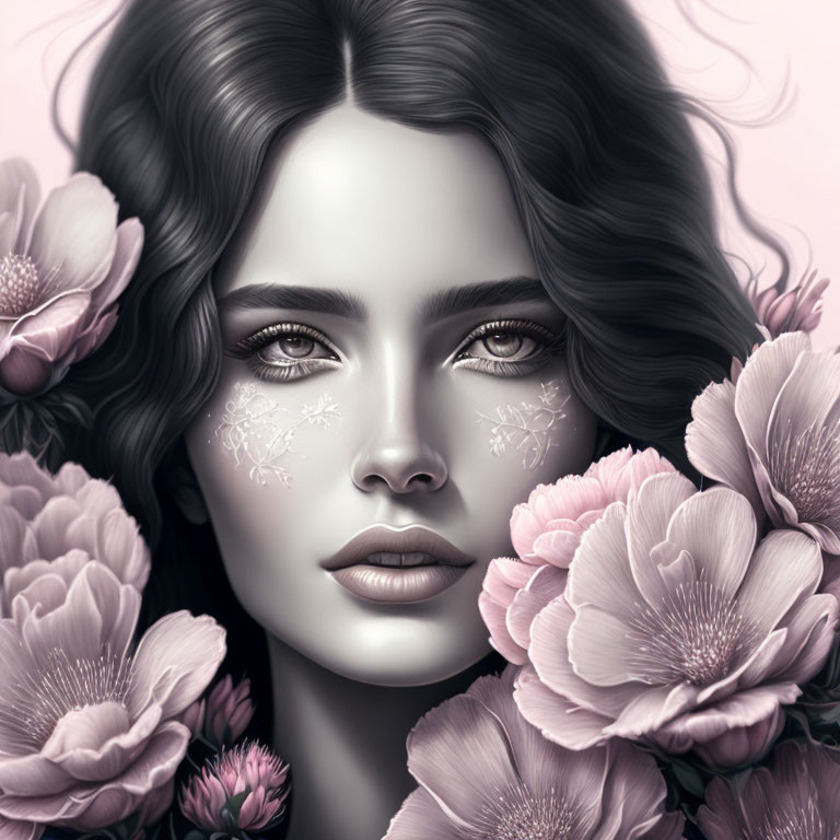 Grayscale portrait of a woman with pink undertones and floral surroundings