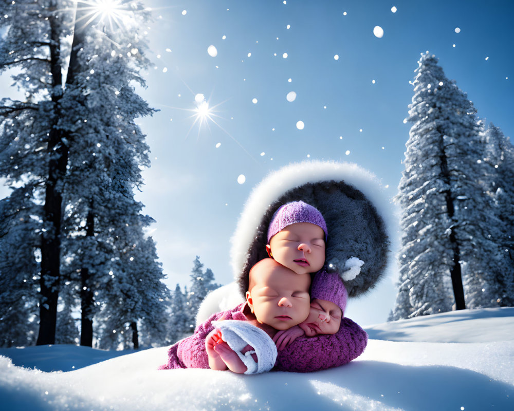 Two peacefully sleeping babies in winter clothing on snow blanket with sunlit evergreen trees.