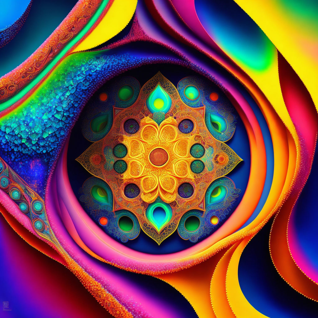 Colorful Symmetrical Mandala Pattern Surrounded by Abstract Shapes in Blue, Yellow, and Red