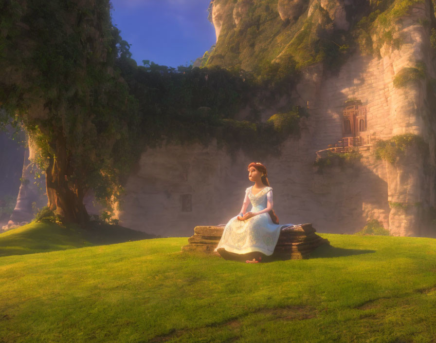Young woman in white dress seated on steps in lush greenery with sunrays and ancient cliffside structure