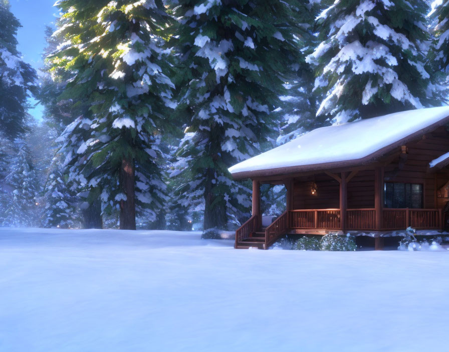Snow-covered log cabin nestled in serene, snowy pine forest