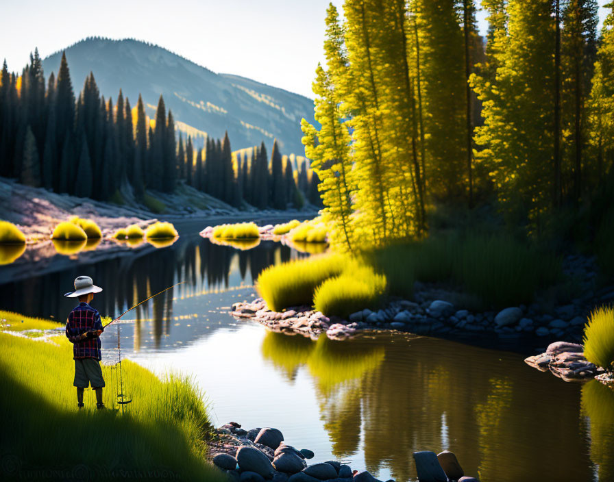 Tranquil riverbank fishing scene with sunlit trees and distant mountains
