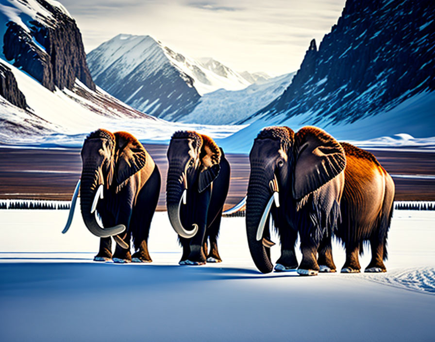 Four elephants walking in snowy landscape with mountains.