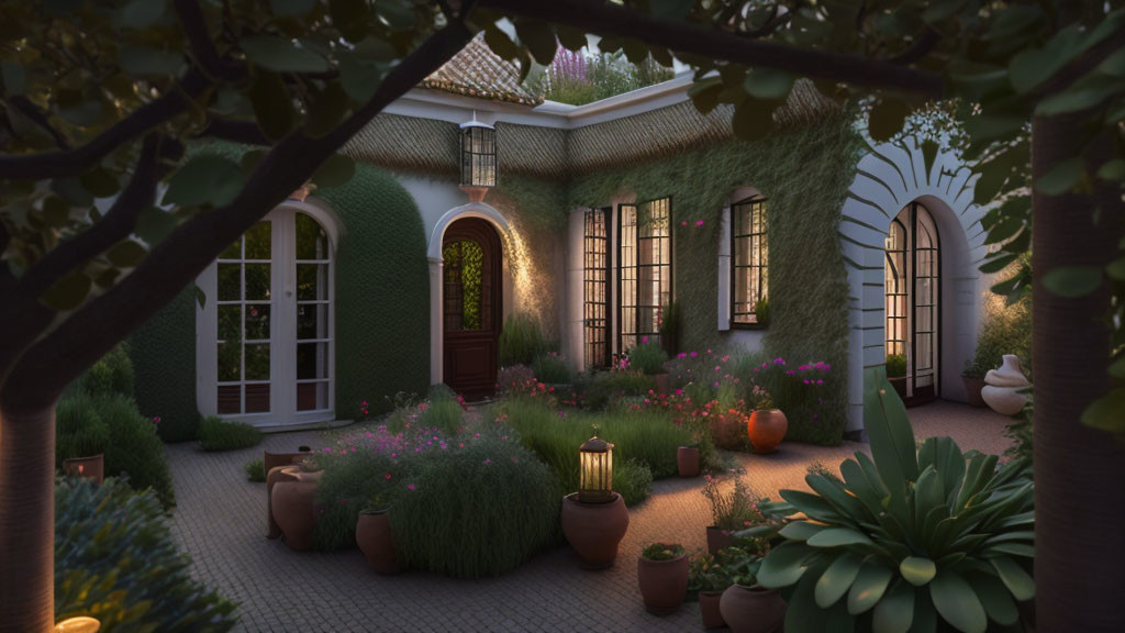 Twilight garden patio with illuminated windows, leafy plants, and decorative pottery.