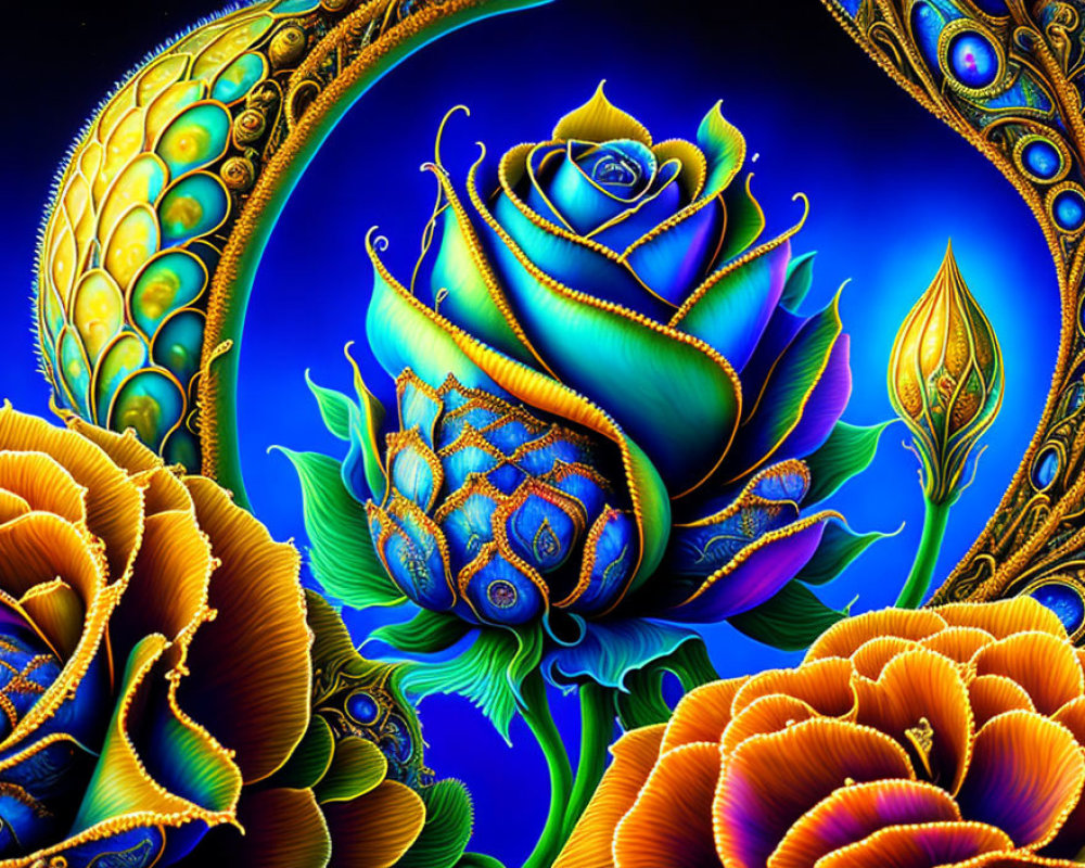 Colorful psychedelic flowers and peacock feathers on dark blue background