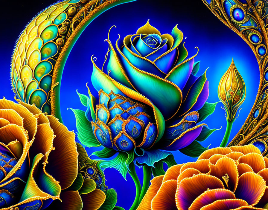 Colorful psychedelic flowers and peacock feathers on dark blue background