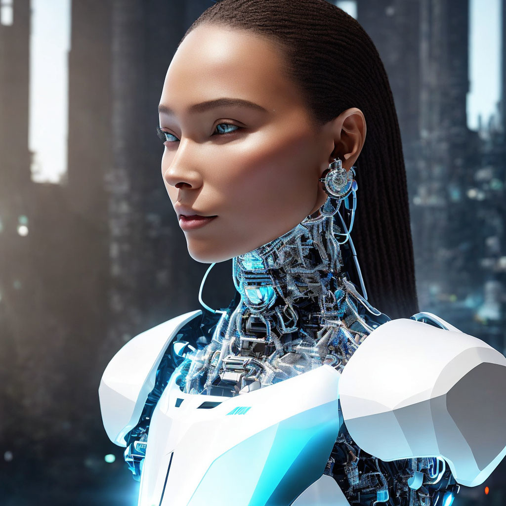 Female-looking android with intricate mechanical neck and human-like face in digital art