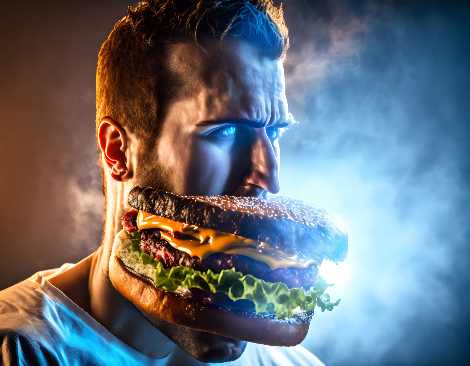 Man with wide open mouth biting into smoking cheeseburger against colorful background