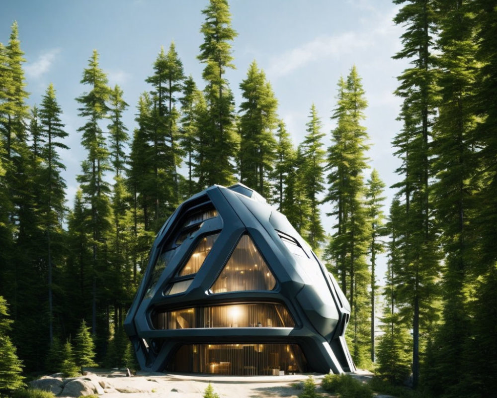 Futuristic cabin in dense pine forest with drone flying overhead
