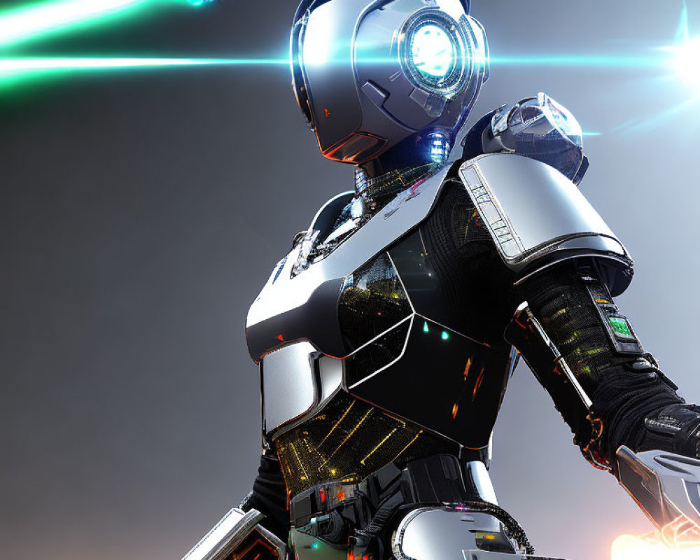 Futuristic robot with sleek armor and illuminated circuitry against bright lens flares