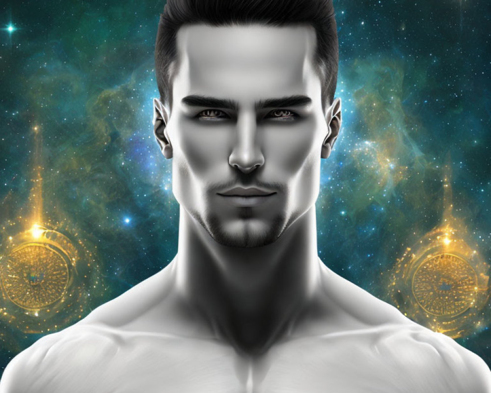 Stylized male figure with cosmic background and glowing symbols.