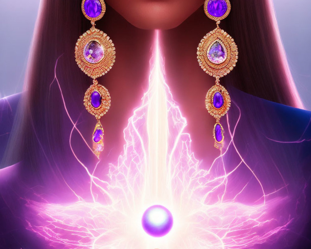 Person in purple outfit with glowing orb and lightning bolt backdrop.