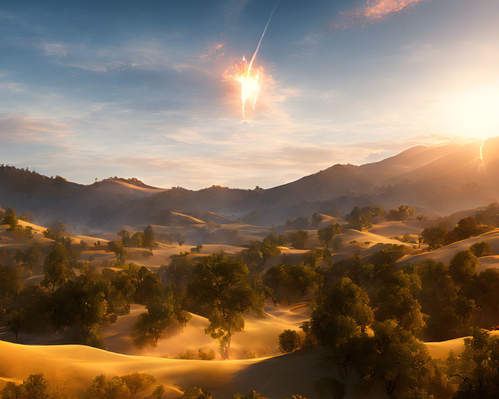 Golden sunrise over rolling sand dunes with shooting star in the sky