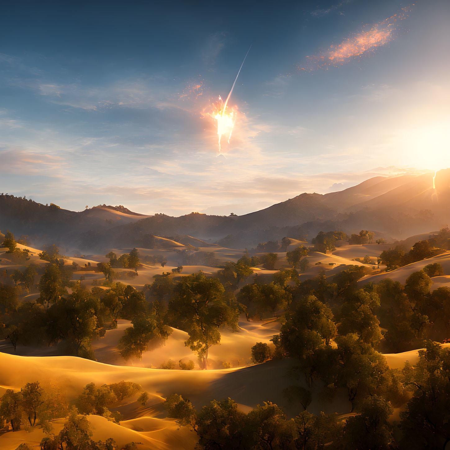 Golden sunrise over rolling sand dunes with shooting star in the sky