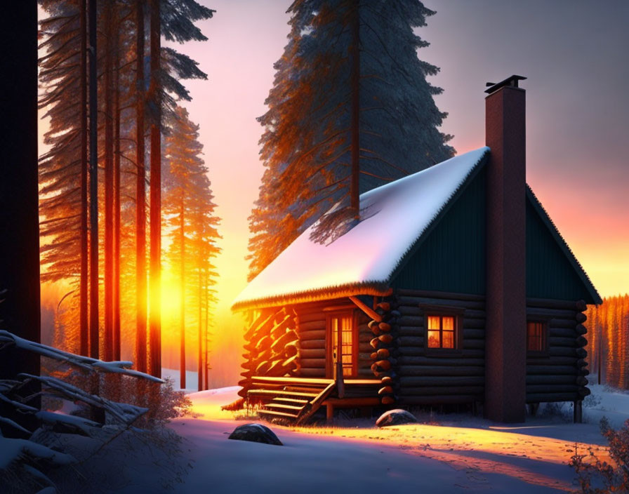 Snowy forest log cabin with smoking chimney at sunset