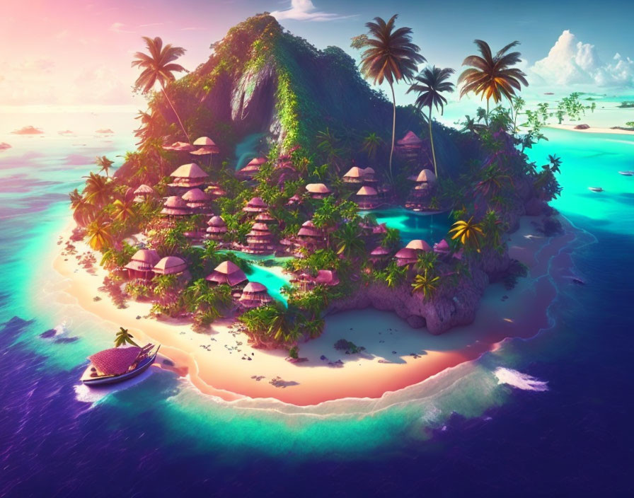 Tropical island with palm trees, thatched huts, turquoise waters, and pink sky scene.
