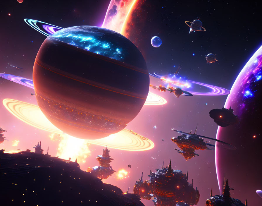 Colorful sci-fi scene with multiple planets, glowing rings, spaceships, and nebulae
