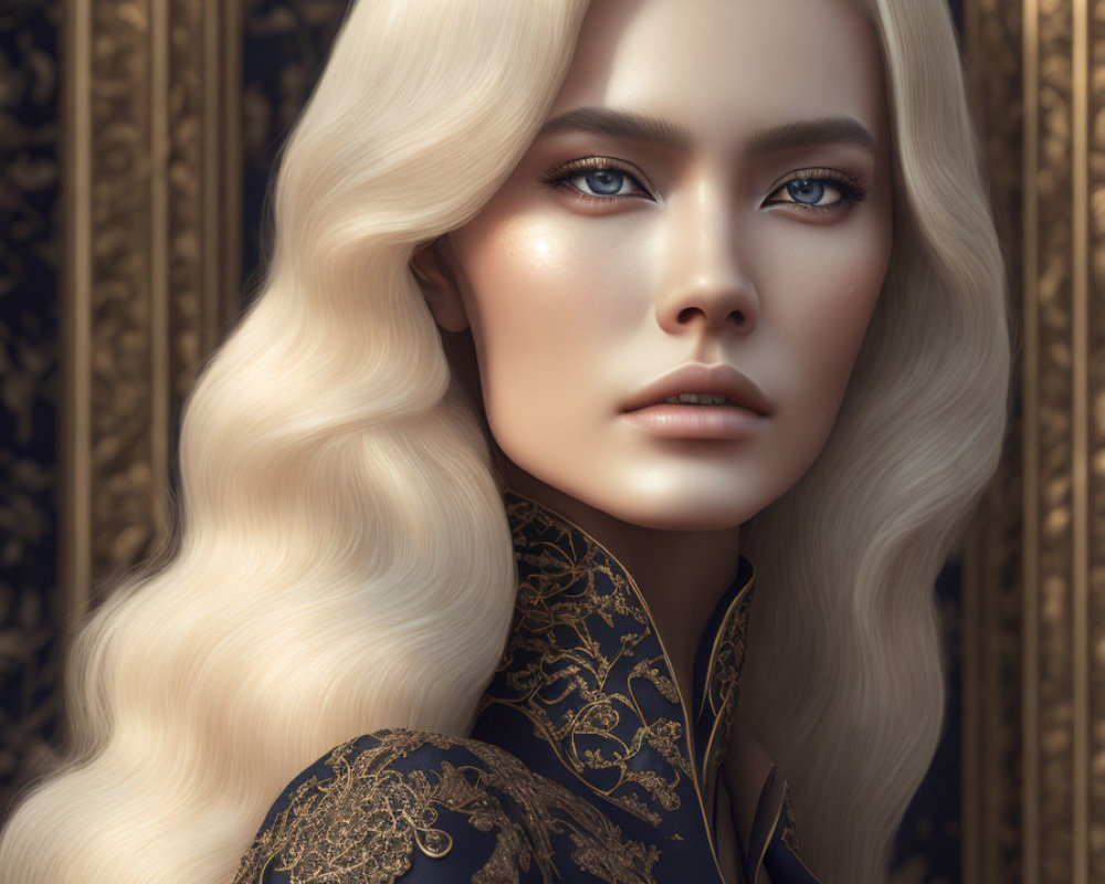 Portrait of Woman with Long Blonde Hair and Blue Eyes in Black and Gold Garment