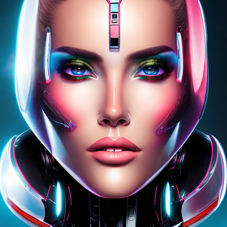 Detailed Futuristic Female Portrait with White and Pink Robotic Helmet
