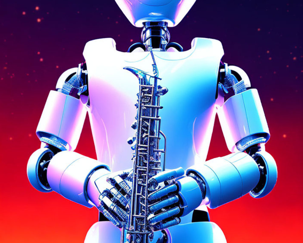 Futuristic robot playing saxophone in vibrant background