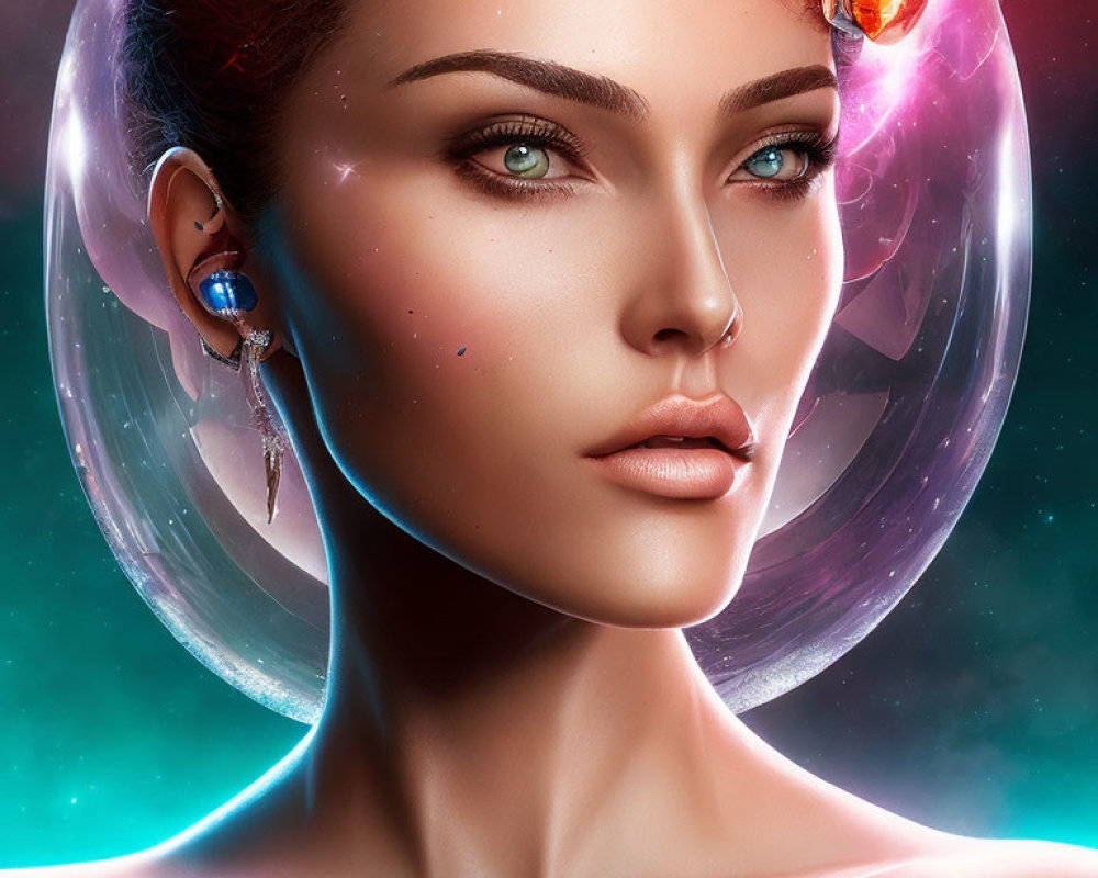 Futuristic digital artwork of woman with ear jewelry in bubble helmet