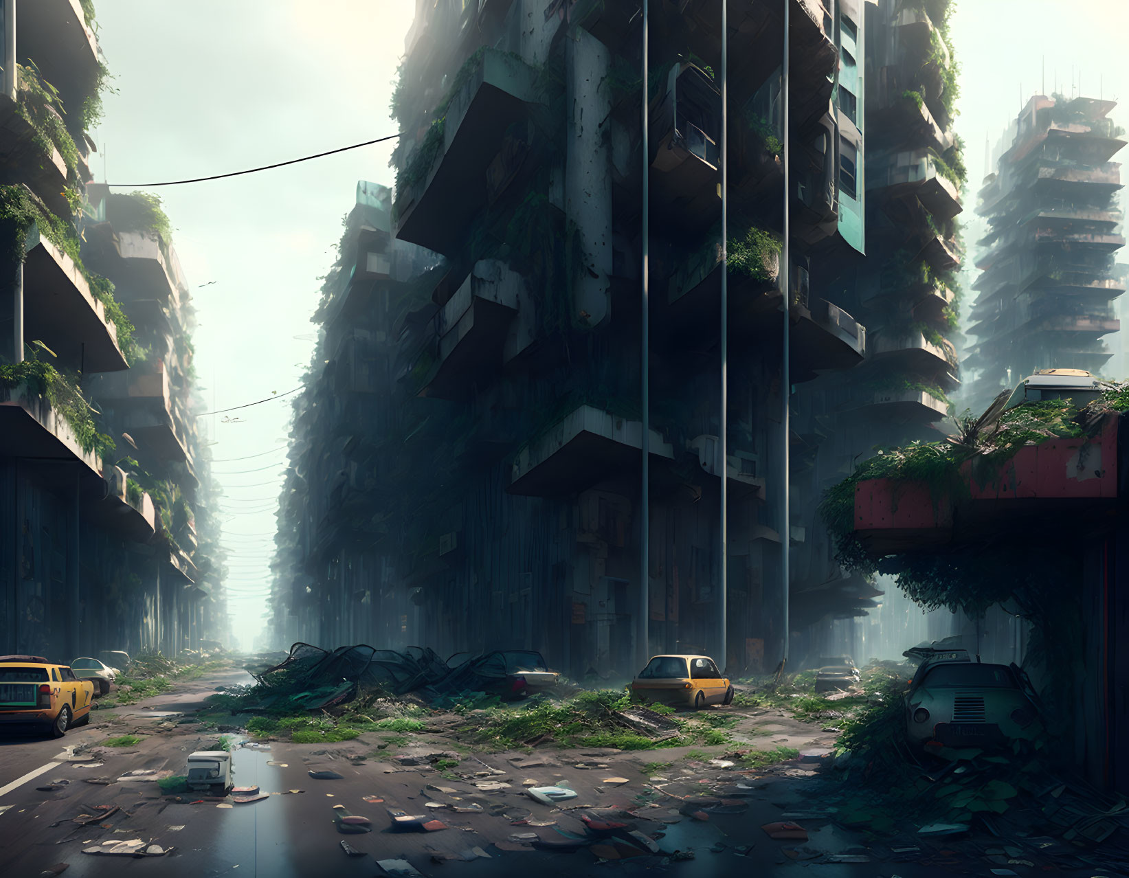 Abandoned post-apocalyptic city street with overgrown greenery