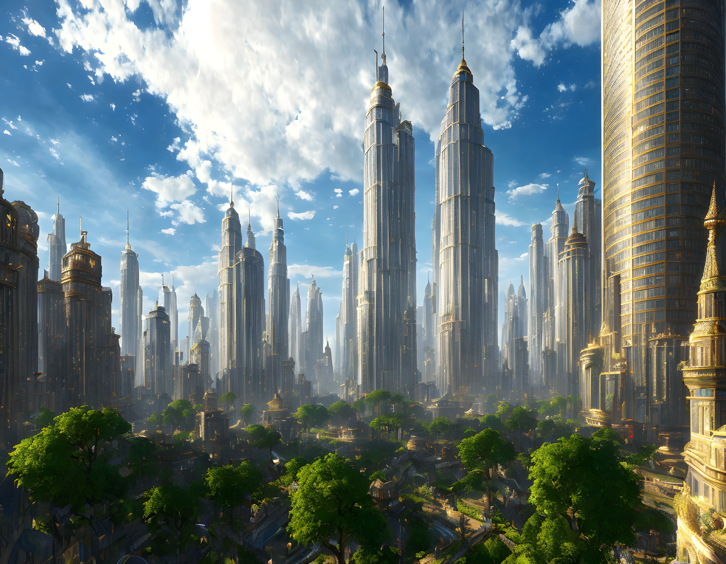 Futuristic cityscape with skyscrapers, greenery, and sunlight rays