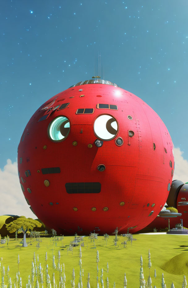 Whimsical red spherical building with eyes and mouth in starry landscape