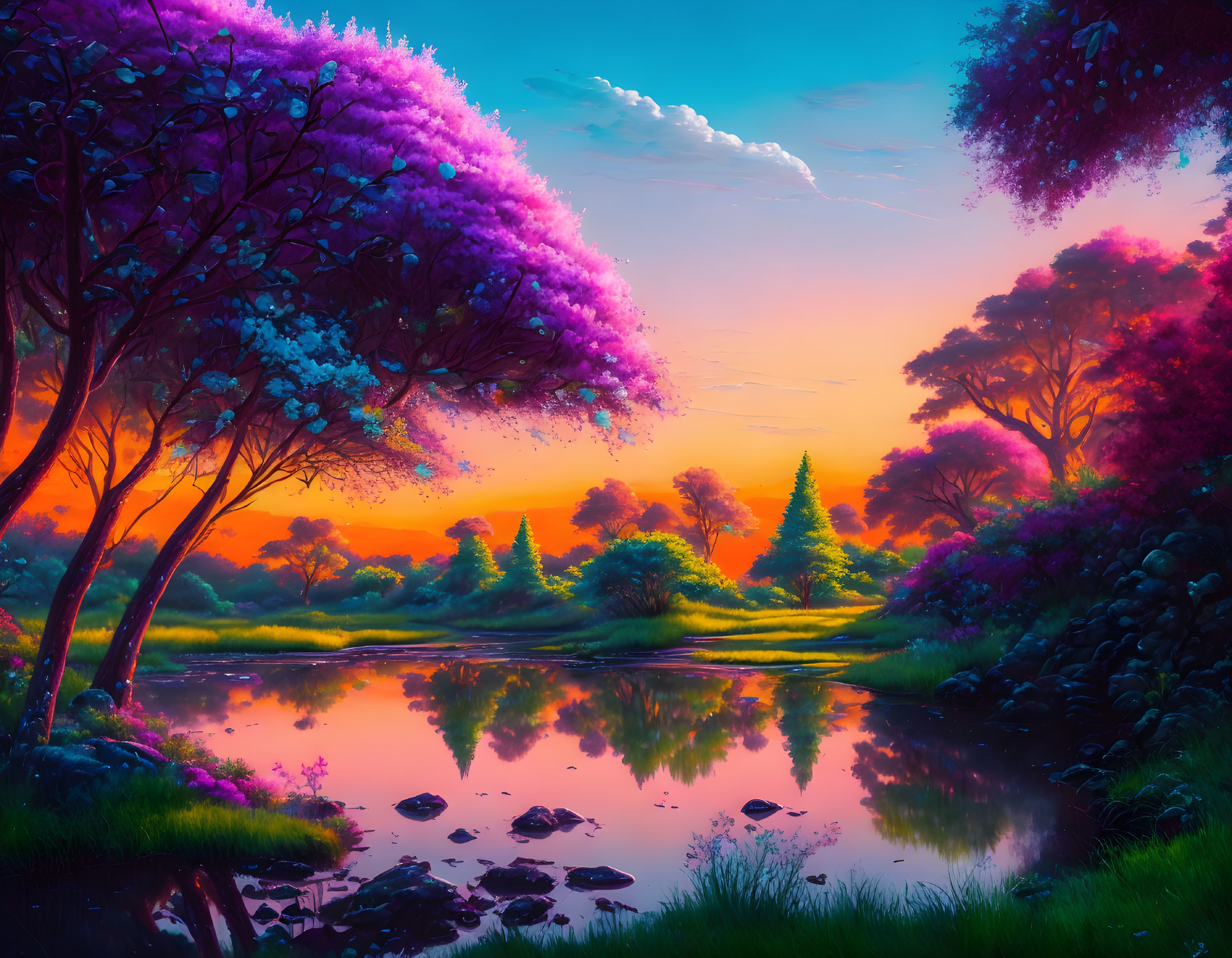 Colorful sunset landscape with purple and pink trees, a reflective river, and lush greenery under a