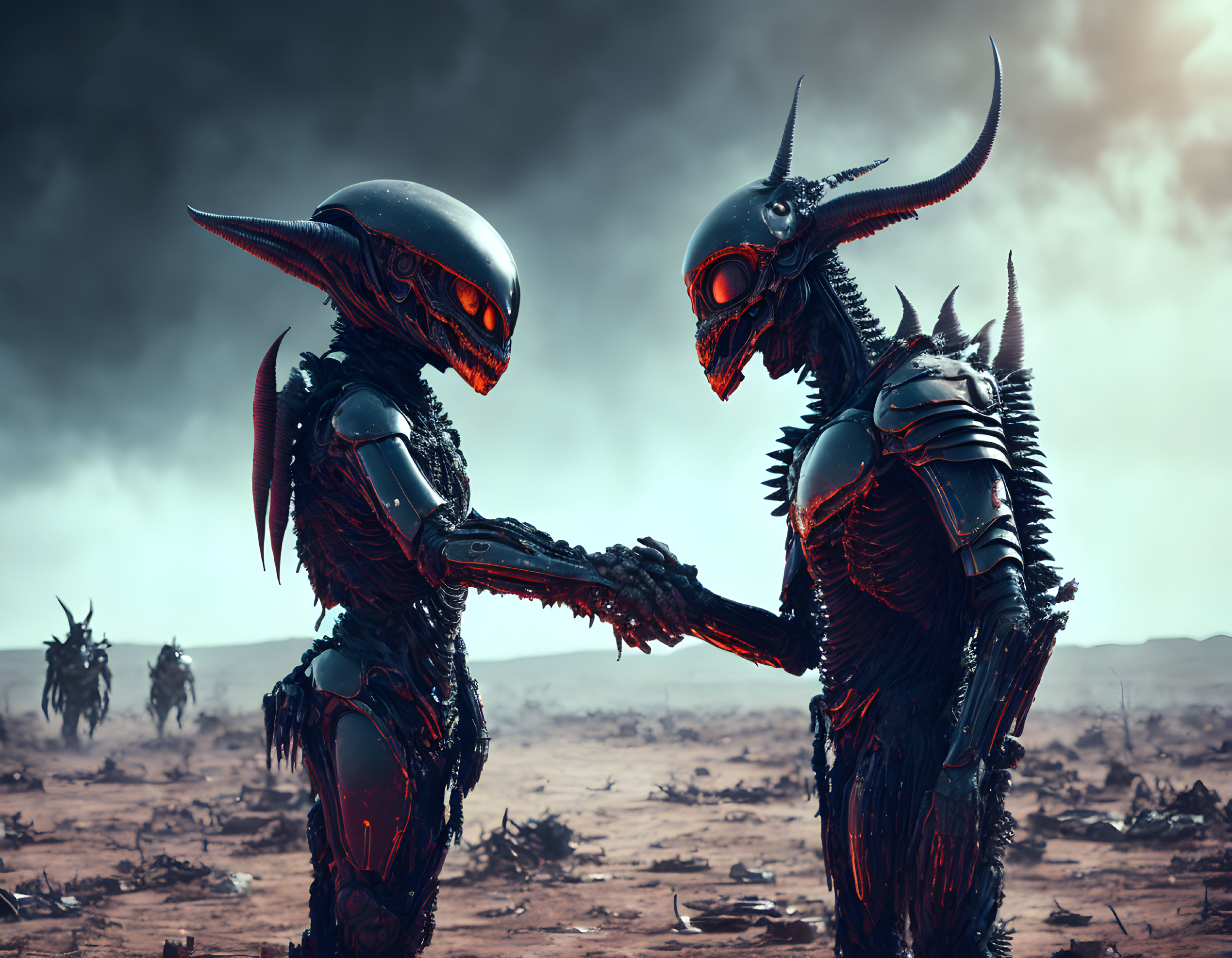 Futuristic armored alien beings with glowing red eyes shaking hands on war-torn landscape