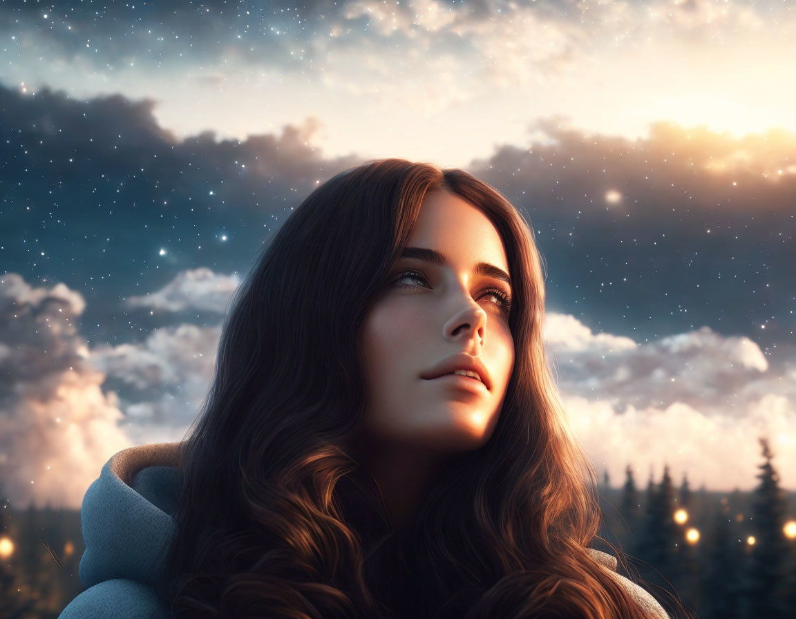Dark-haired woman gazes at starlit sky and forest backdrop