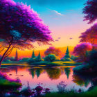 Colorful sunset landscape with purple and pink trees, a reflective river, and lush greenery under a