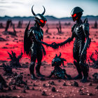 Two horned humanoid alien figures in black exoskeletons shaking hands on a red rocky landscape.