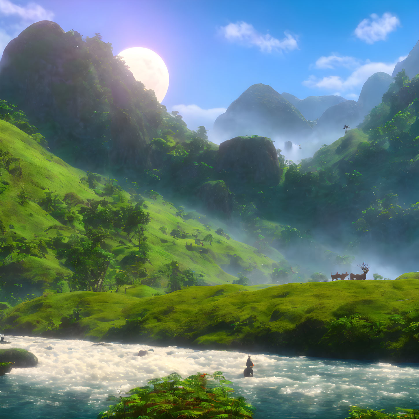 Fantasy landscape with vibrant river, moon, misty mountains, and creatures