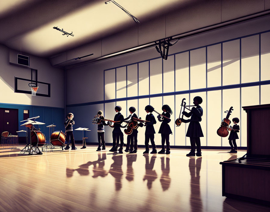 Children playing violins and guitars in a gym with sunlight and basketball hoop