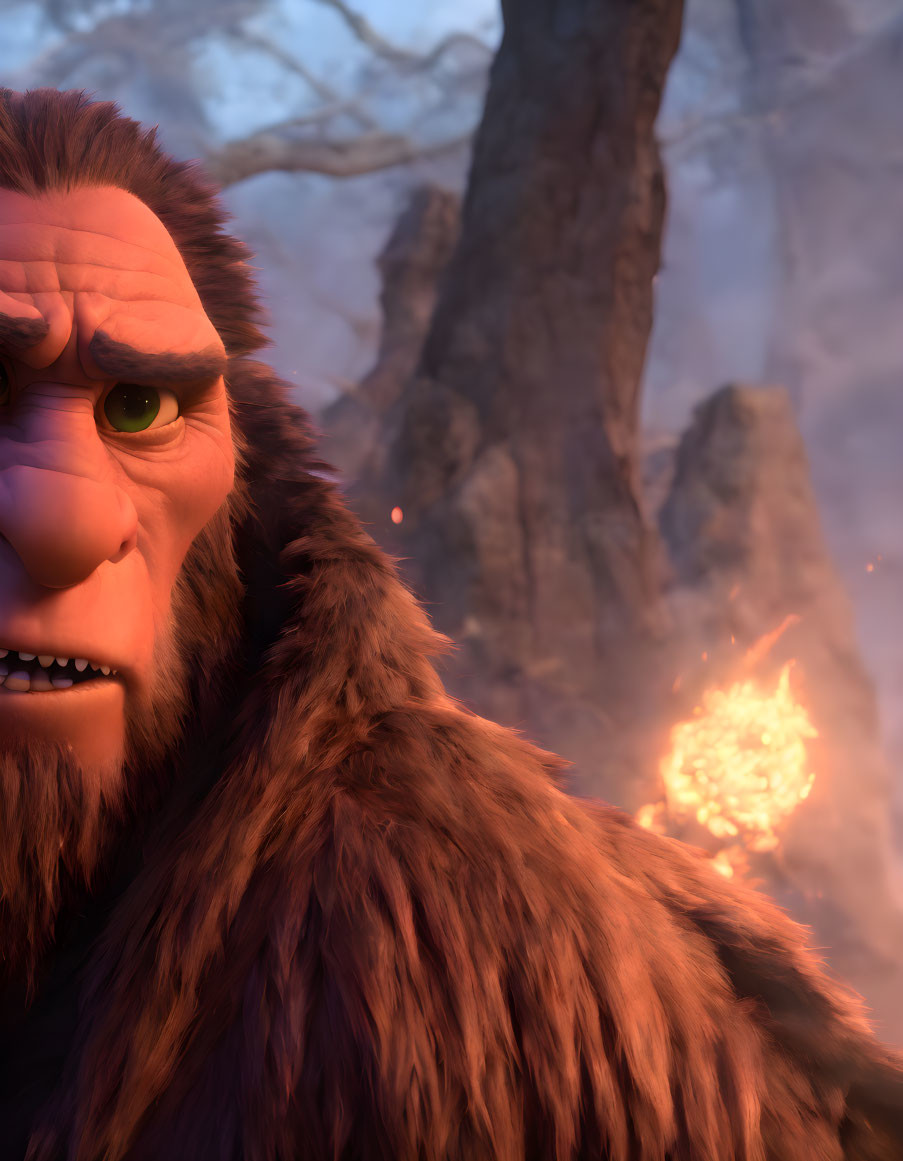 Animated character with concerned expression, green eyes, brown fur, fiery background