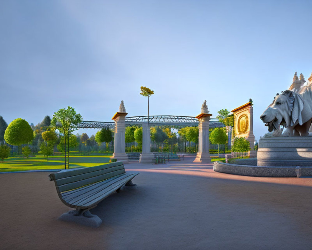 Tranquil park scene with lion fountain, bench, and pergola at dusk