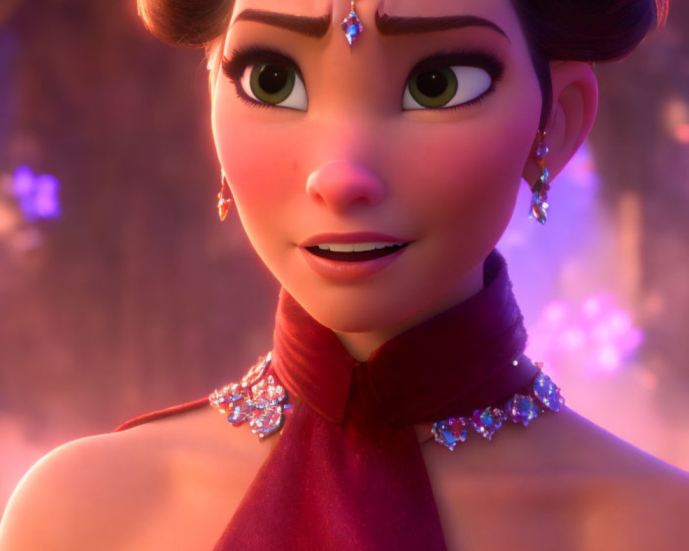 Elegant female character with jewelry in purple-lit setting