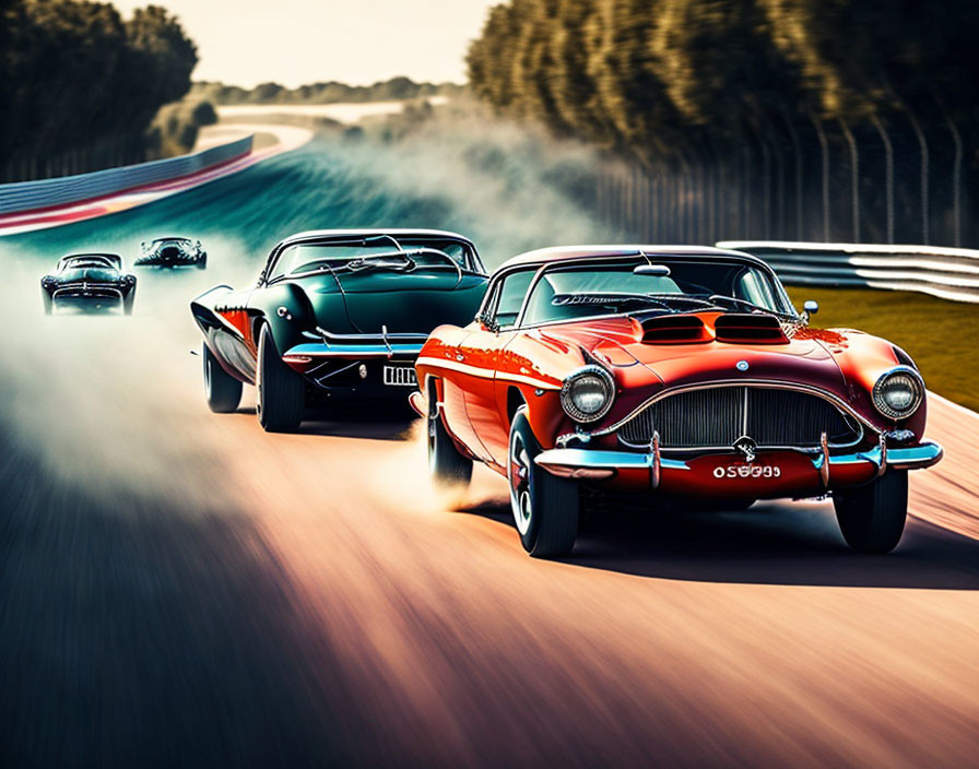 Vintage cars race on track with red car leading amidst motion blur