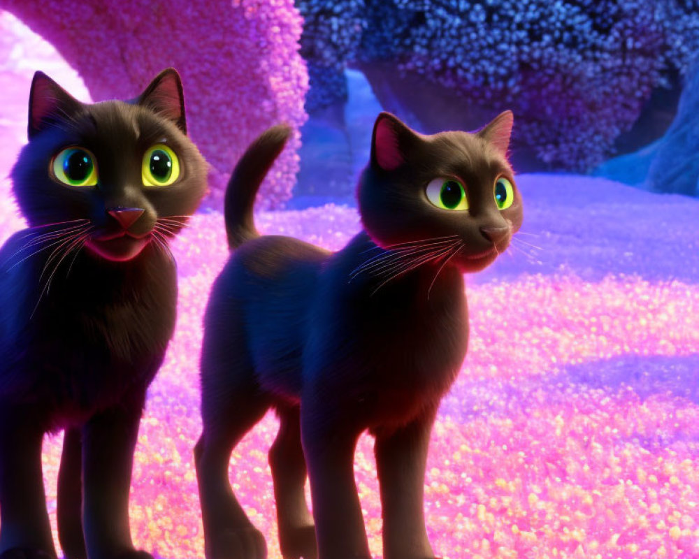Two Black Cats with Green Eyes in Vibrant Fantasy Landscape