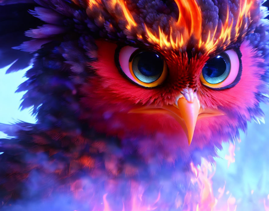 Vibrant fiery owl with glowing blue eyes and engulfed in flames