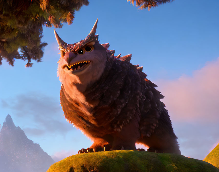 Animated creature with owl-like features and horned helmet on mossy outcrop