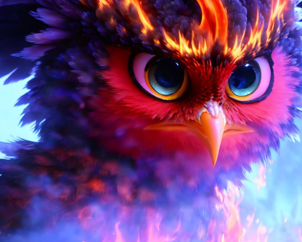 Vibrant fiery owl with glowing blue eyes and engulfed in flames