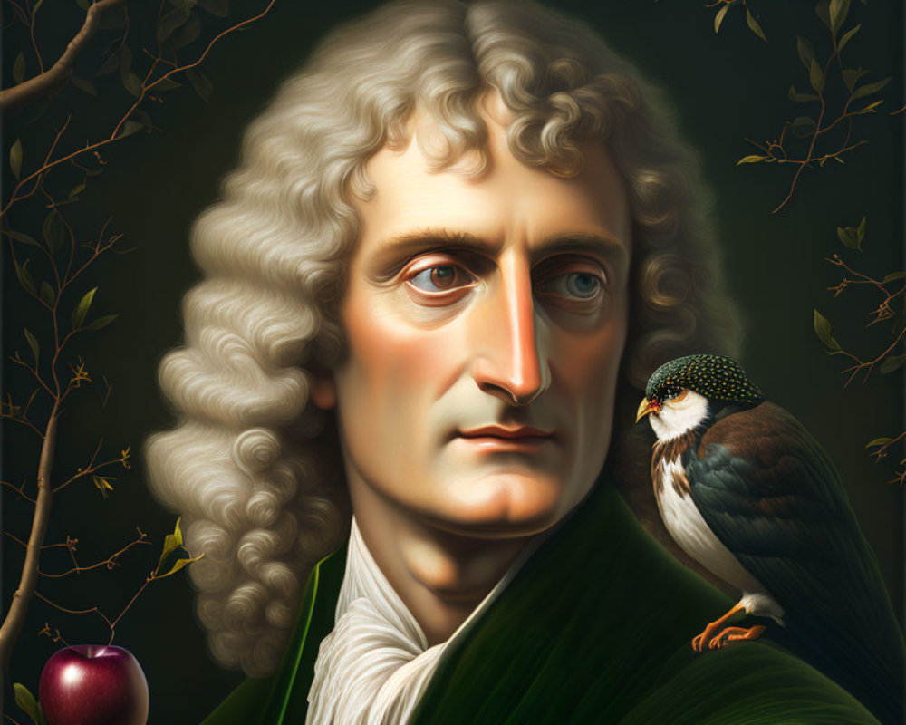 Portrait of stern-faced man with long curly hair in green coat with bird of prey and apple.