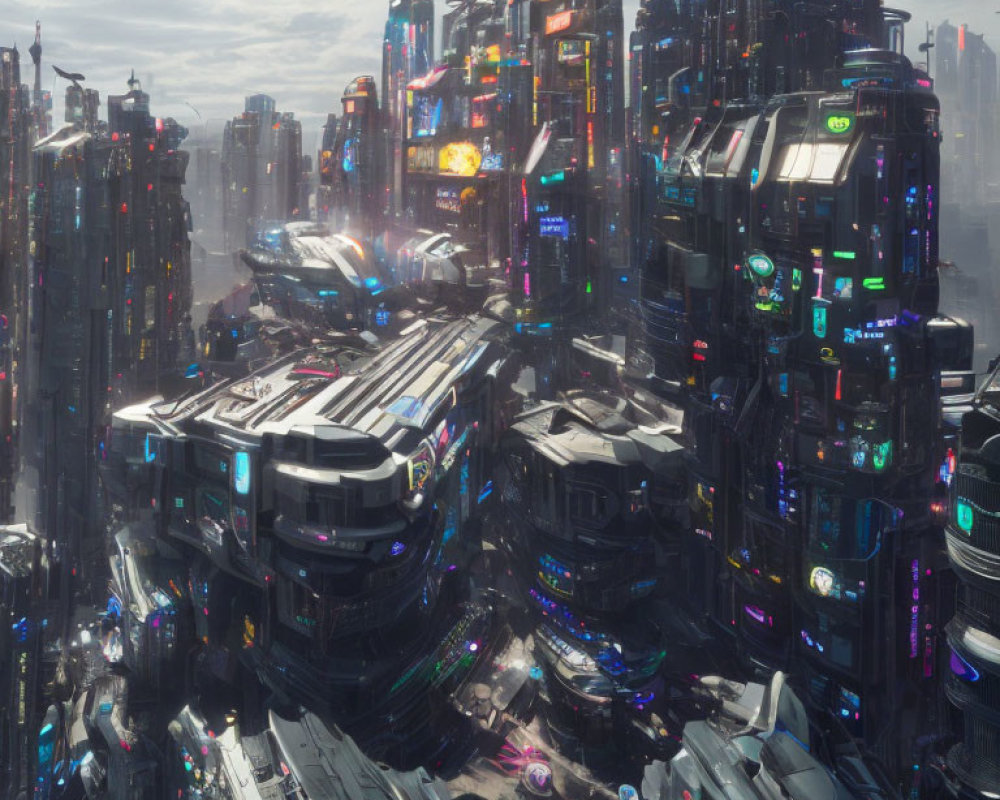 Futuristic cityscape with skyscrapers, neon lights, and flying vehicles