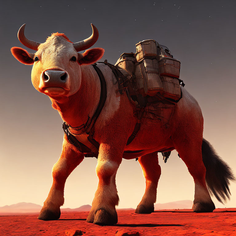 Ox with saddle and packs under red sky on alien terrain