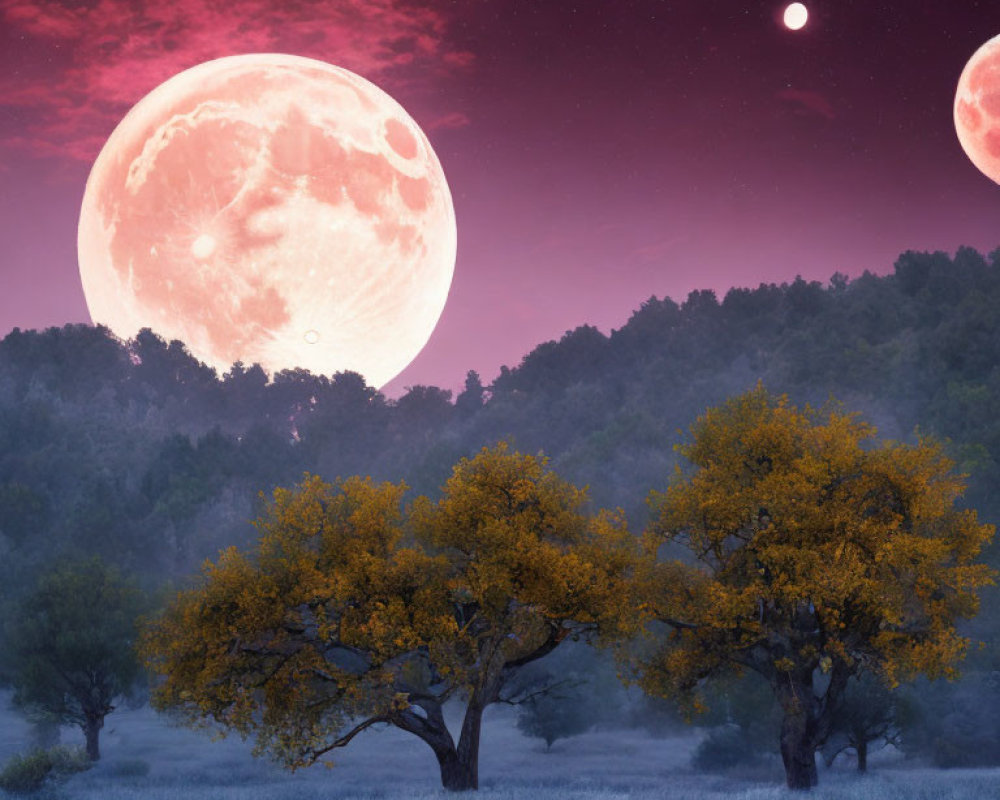 Dual moons light up purple and pink night sky over serene landscape.