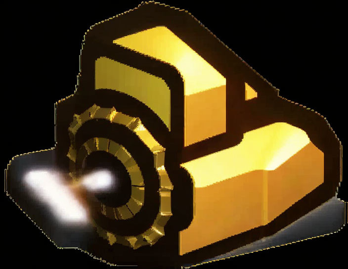 Golden Bulldozer Icon with Glowing Headlight on Dark Background