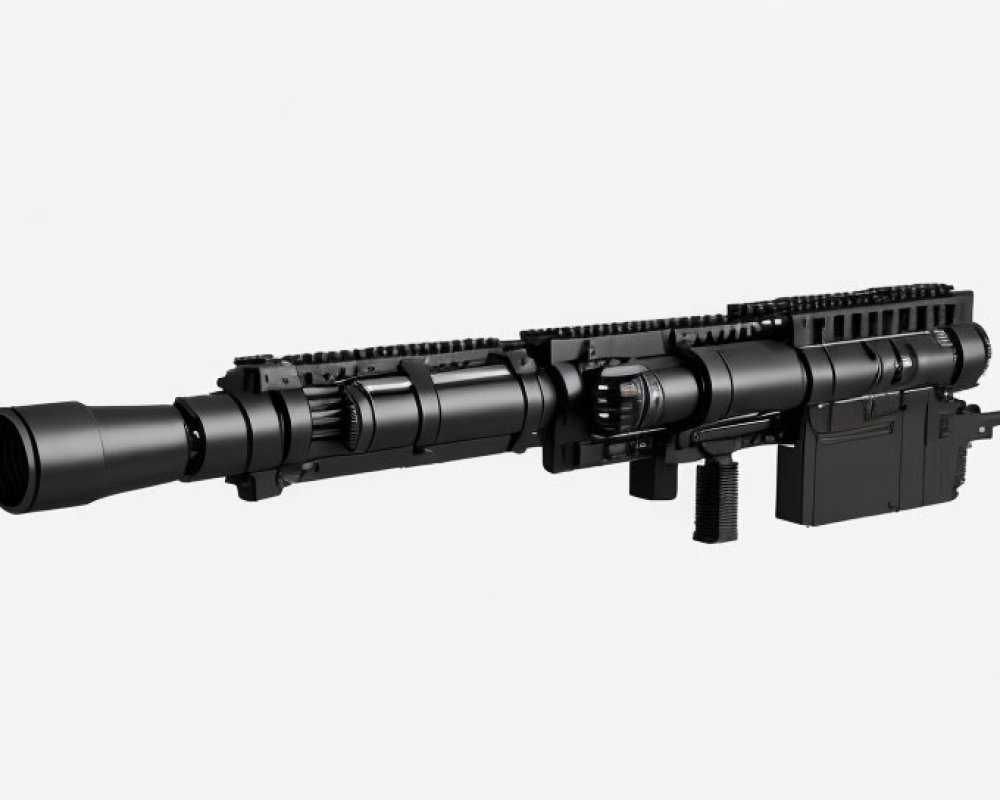Black Sniper Rifle with Scope and Tactical Rails on White Background