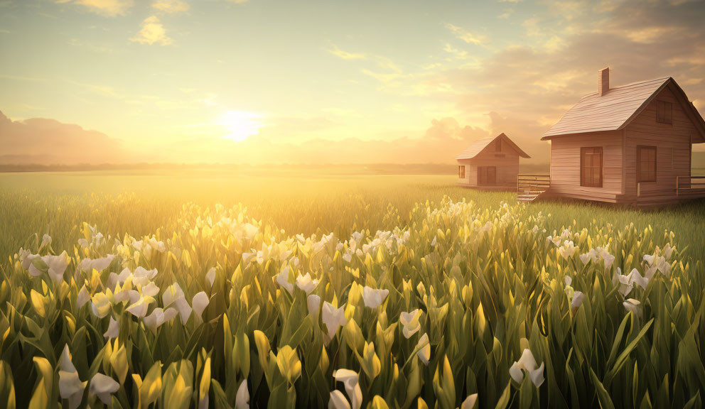 Serene Sunrise Scene with White Flowers and Wooden Houses
